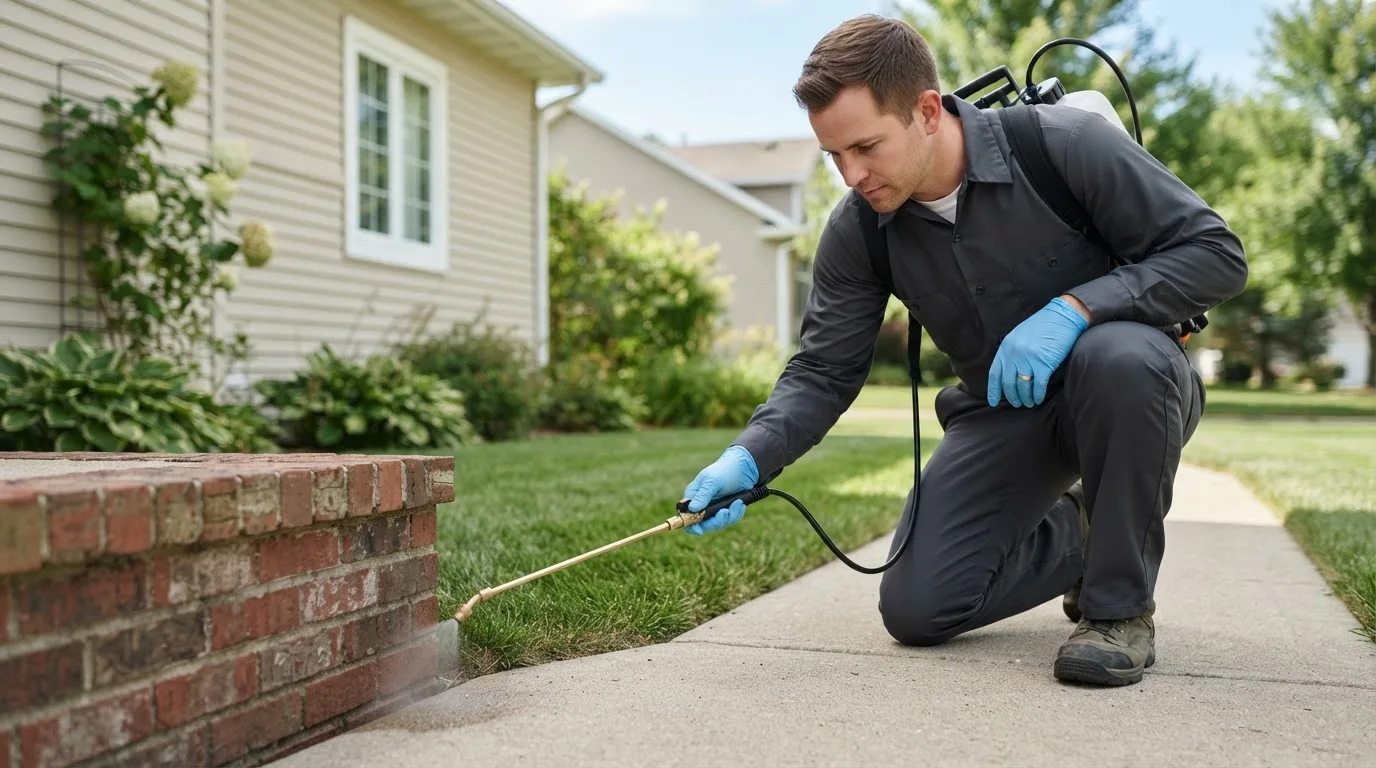 Pest control technician treating a home near Pikeville, NC