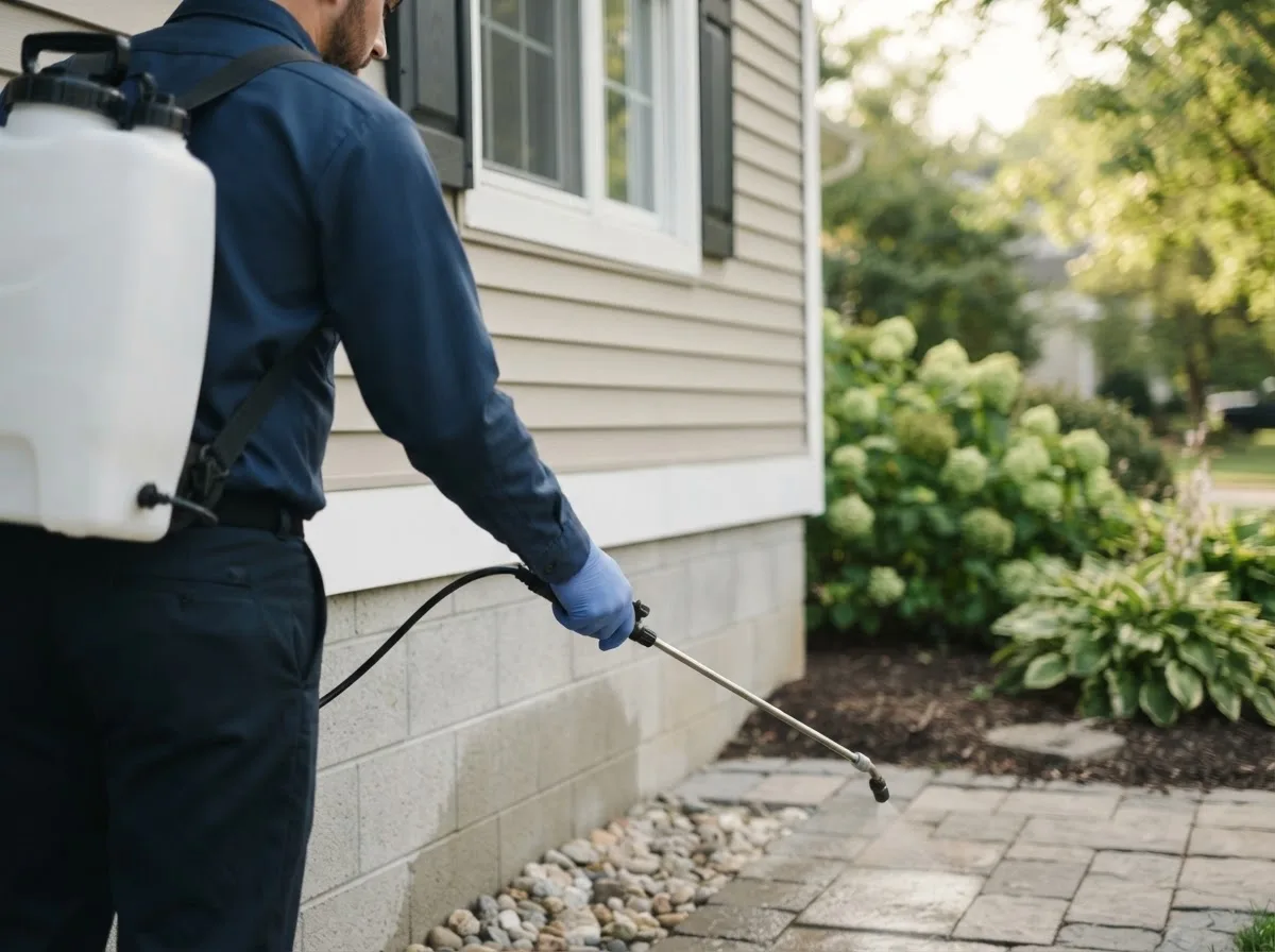 Pest control technician inspecting a home in Pikeville, NC